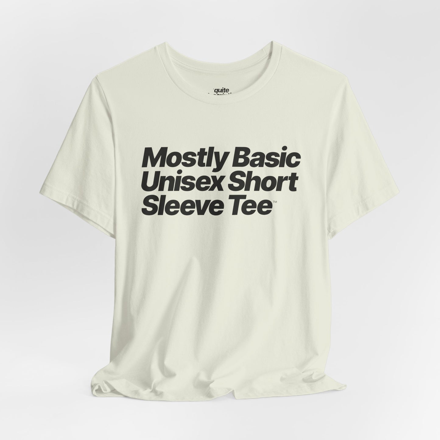 Quite Descriptive, Mostly Basic Unisex Short Sleeve Tee. Bold Italic Text Graphic Shirt.