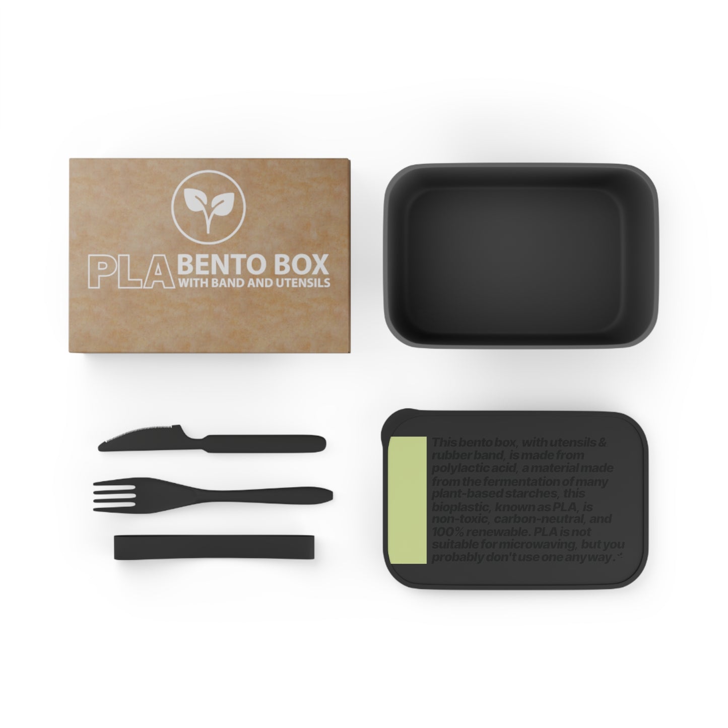 Perspicuously Descriptive PLA Bento Box with Utensils & Silicone Band. Eco-Friendly Lunch Container.