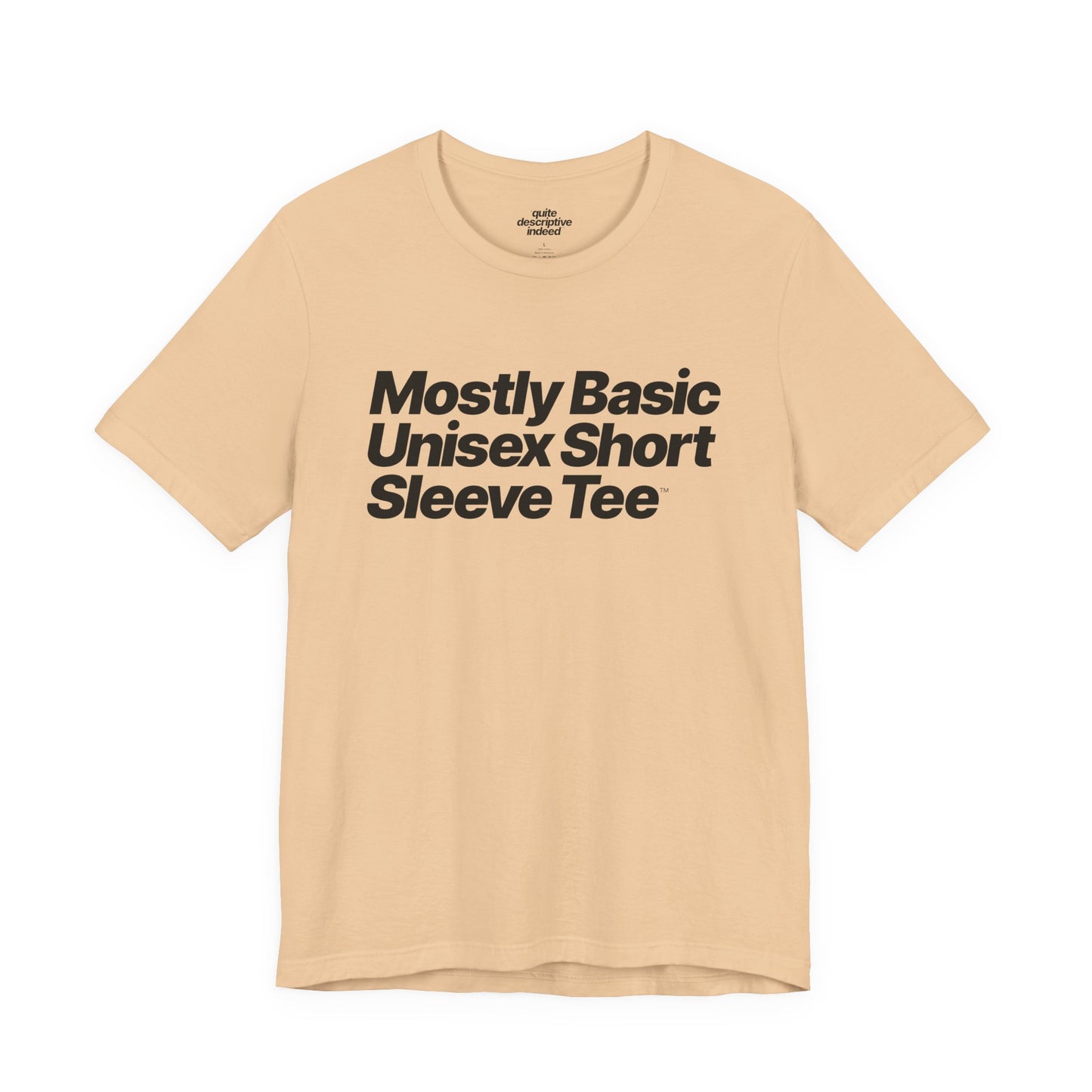 Quite Descriptive, Mostly Basic Unisex Short Sleeve Tee. Bold Italic Text Graphic Shirt.