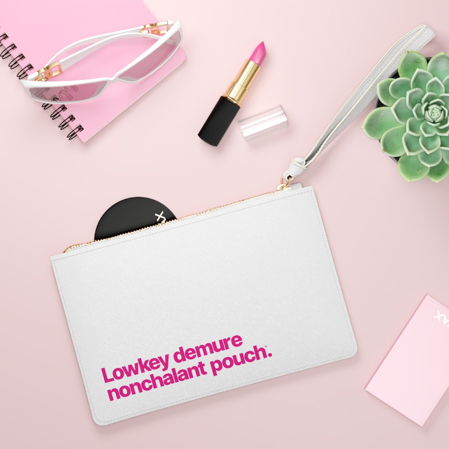 Quite Descriptive "Lowkey Demure Nonchalant Accessory Pouch" Clutch Bag with Wristlet.