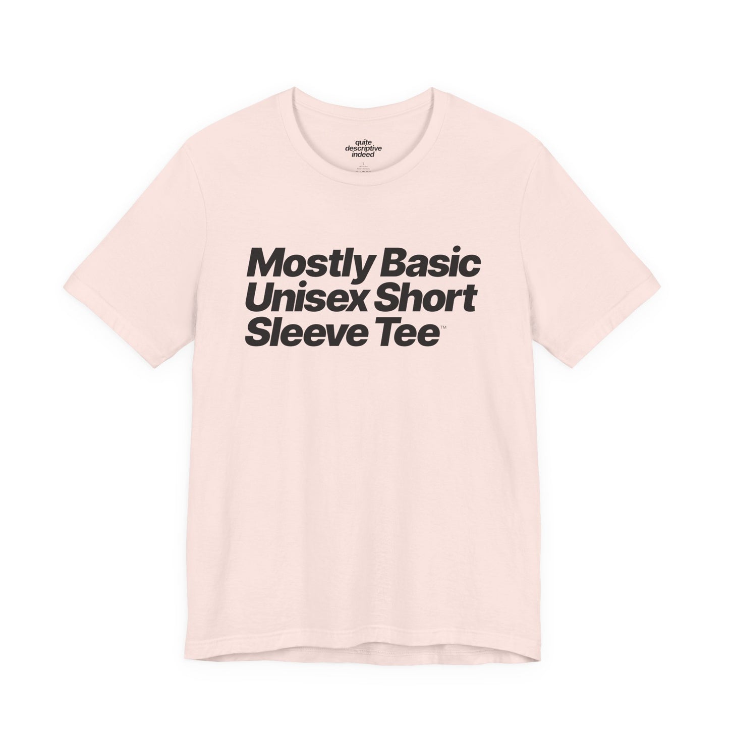 Quite Descriptive, Mostly Basic Unisex Short Sleeve Tee. Bold Italic Text Graphic Shirt.