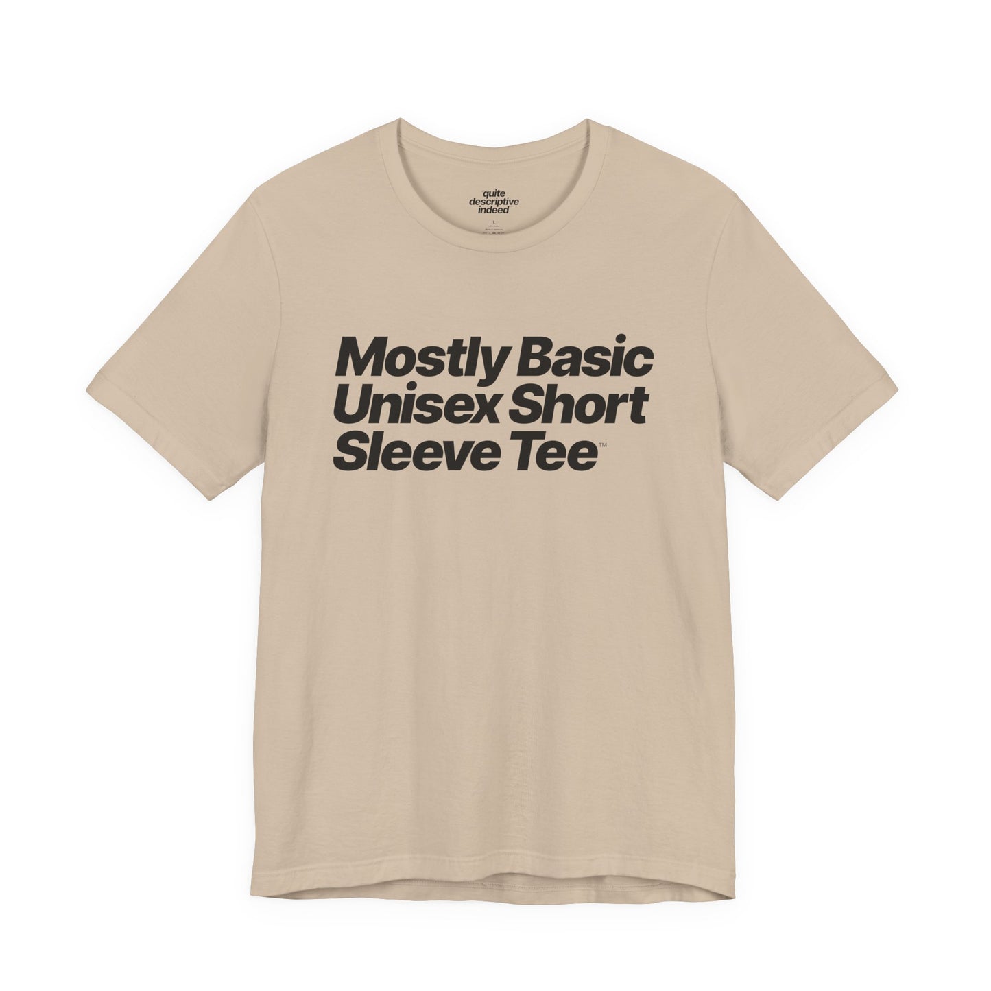 Quite Descriptive, Mostly Basic Unisex Short Sleeve Tee. Bold Italic Text Graphic Shirt.