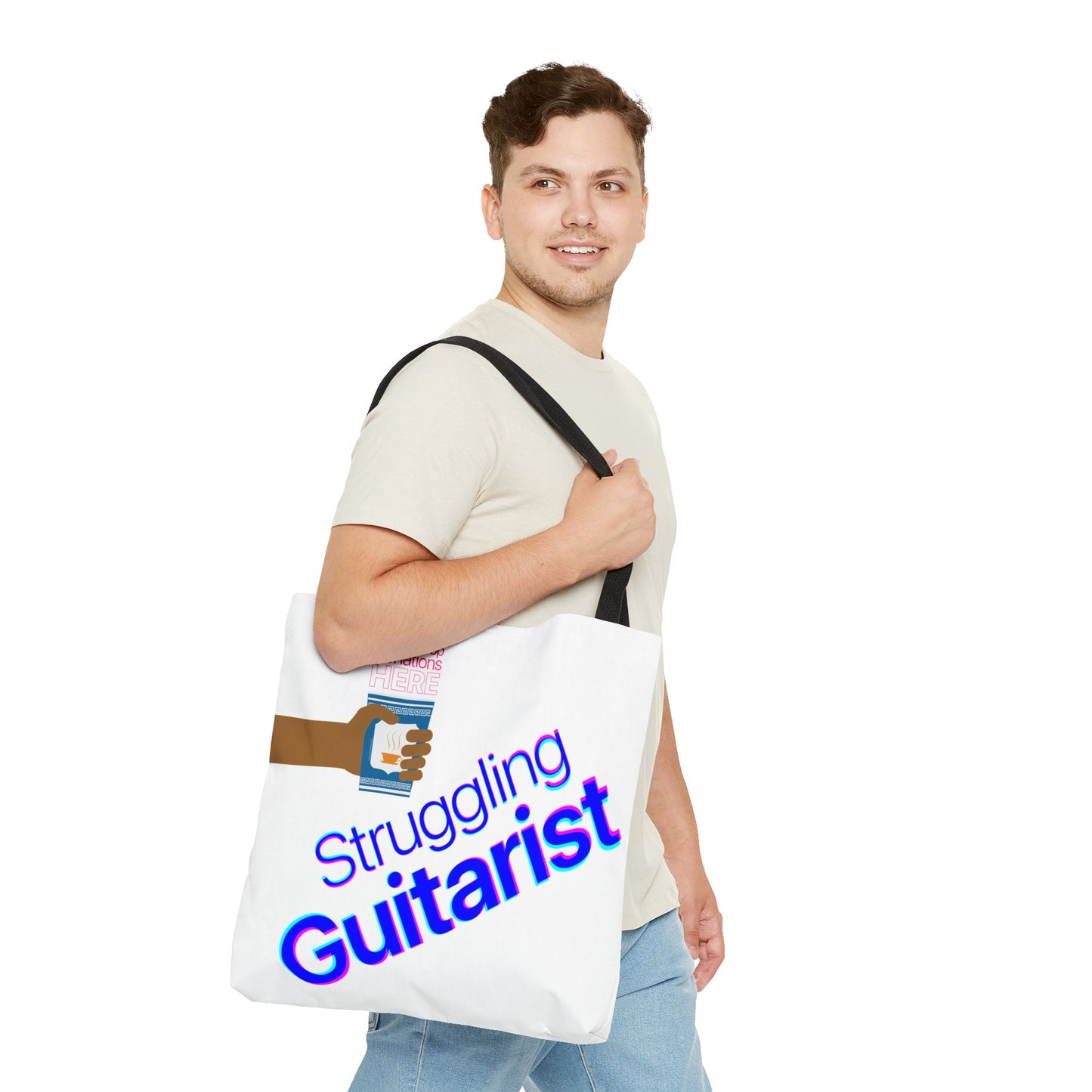Struggling Guitarist Tote Bag - Musical Themed, Perfect for Musicians and Guitar Players - Original Design by Signal Chain Theory (Greek Cup)