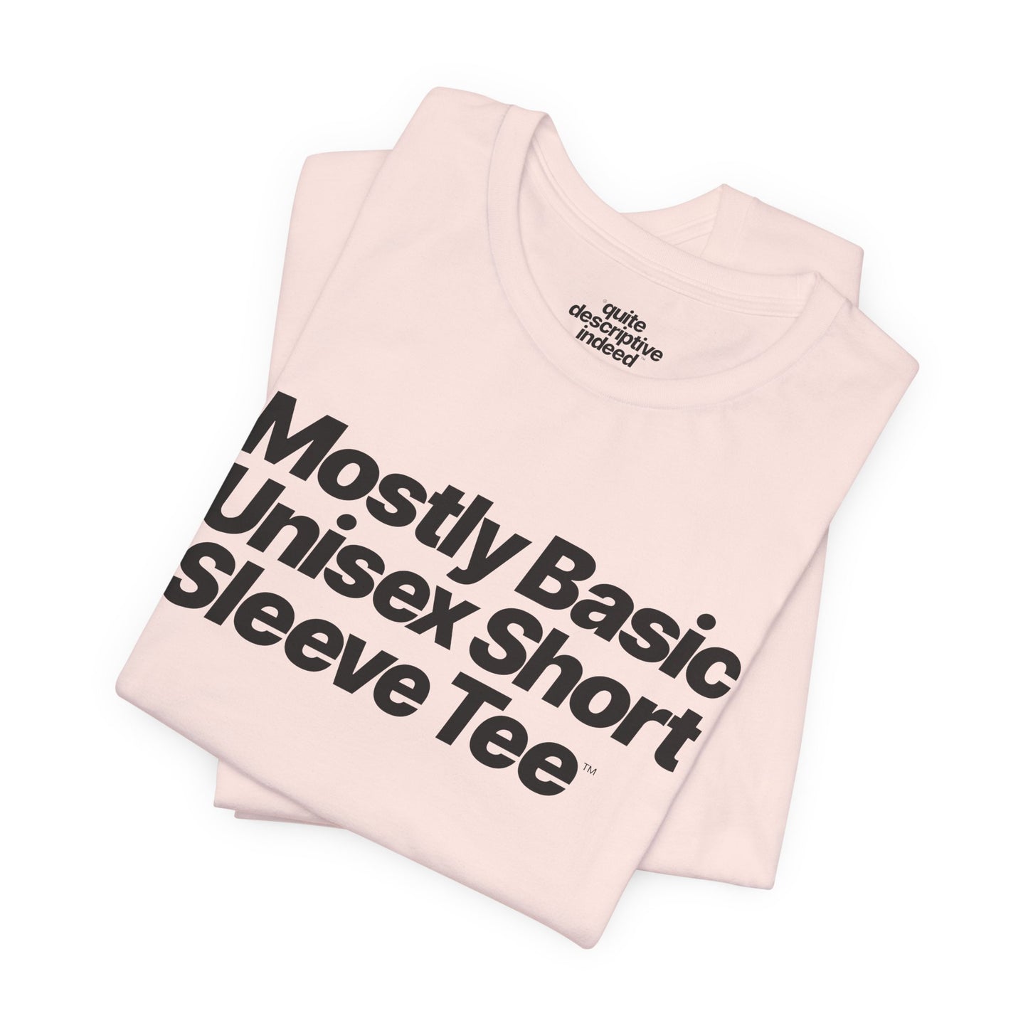 Quite Descriptive, Mostly Basic Unisex Short Sleeve Tee. Bold Italic Text Graphic Shirt.