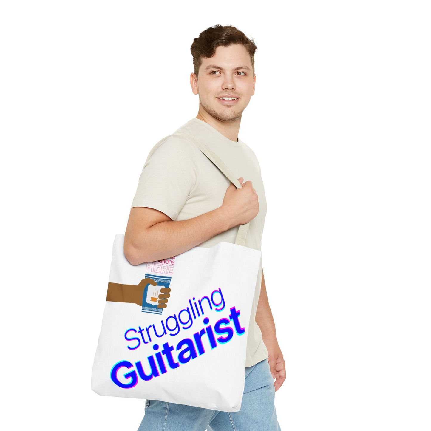 Struggling Guitarist Tote Bag - Musical Themed, Perfect for Musicians and Guitar Players - Original Design by Signal Chain Theory (Greek Cup)