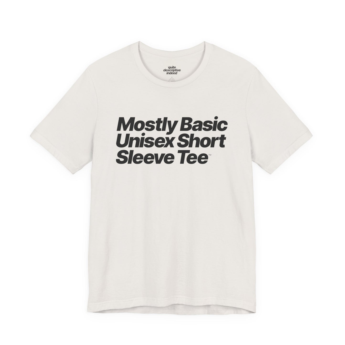 Quite Descriptive, Mostly Basic Unisex Short Sleeve Tee. Bold Italic Text Graphic Shirt.