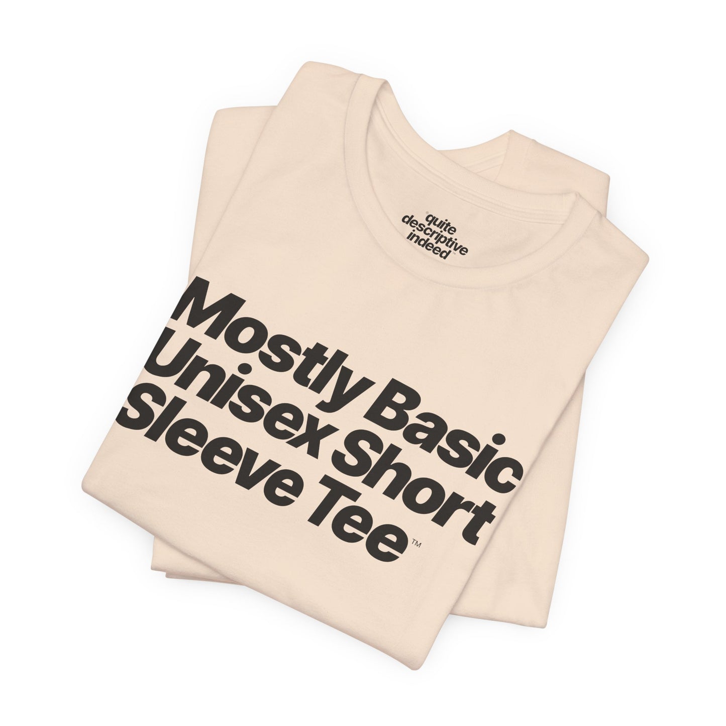 Quite Descriptive, Mostly Basic Unisex Short Sleeve Tee. Bold Italic Text Graphic Shirt.