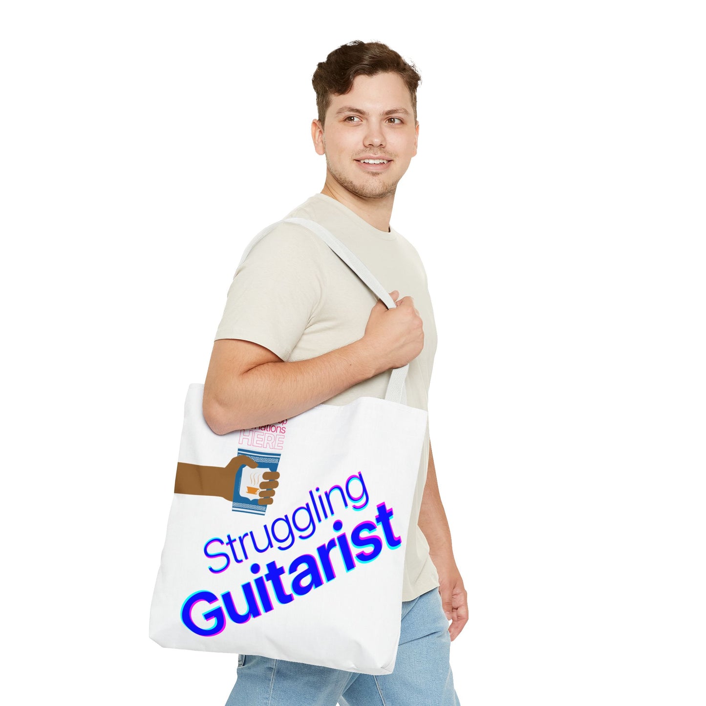 Struggling Guitarist Tote Bag - Musical Themed, Perfect for Musicians and Guitar Players - Original Design by Signal Chain Theory (Greek Cup)