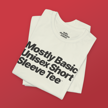 Quite Descriptive, Mostly Basic Unisex Short Sleeve Tee. Bold Italic Text Graphic Shirt.