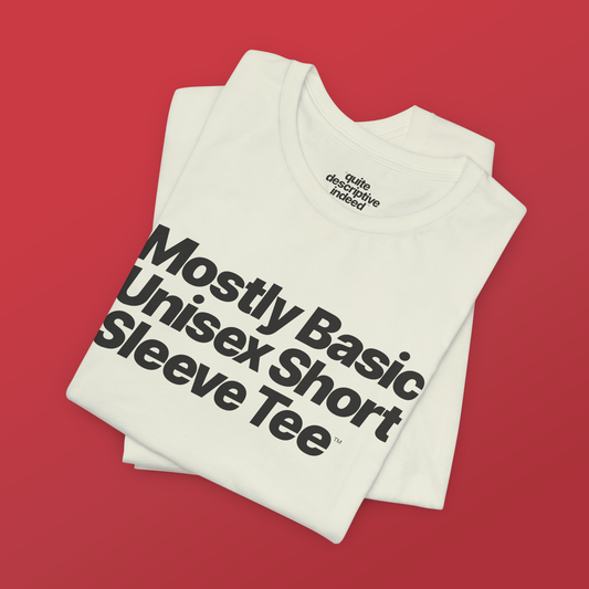 Quite Descriptive, Mostly Basic Unisex Short Sleeve Tee. Bold Italic Text Graphic Shirt.