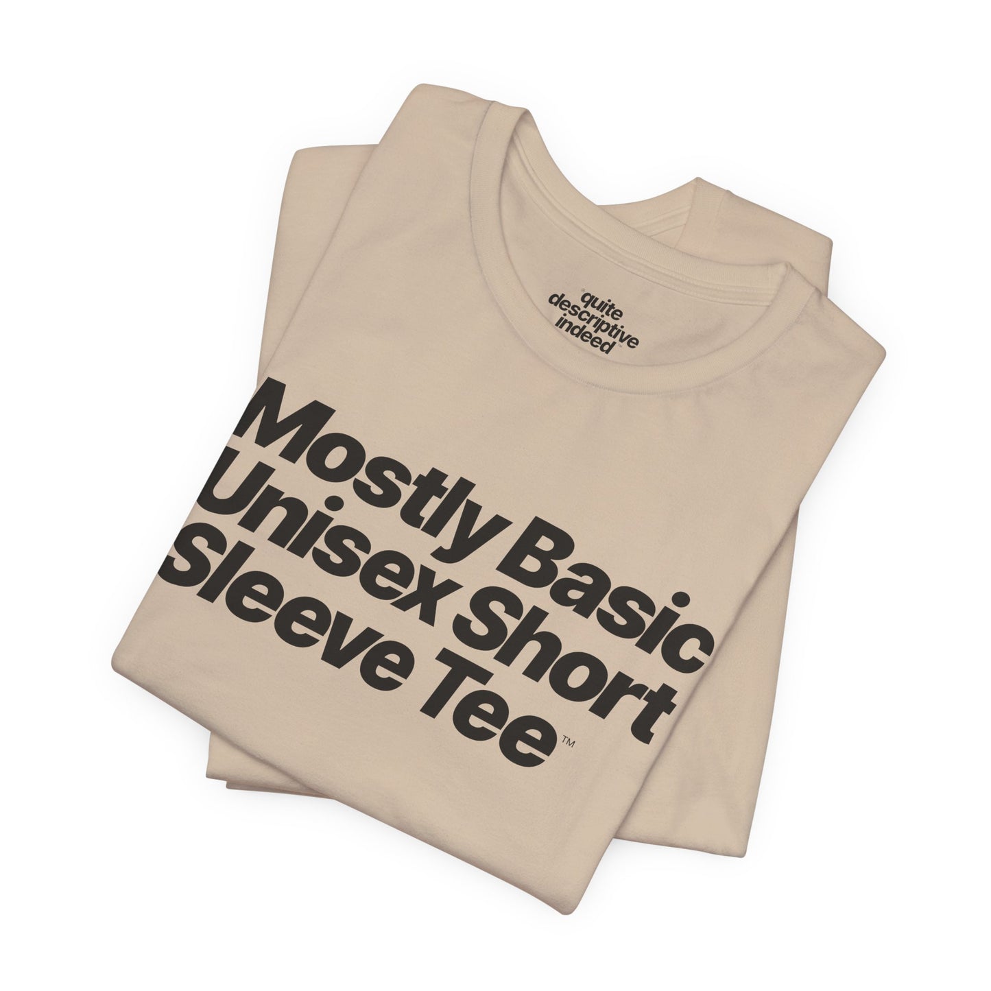 Quite Descriptive, Mostly Basic Unisex Short Sleeve Tee. Bold Italic Text Graphic Shirt.