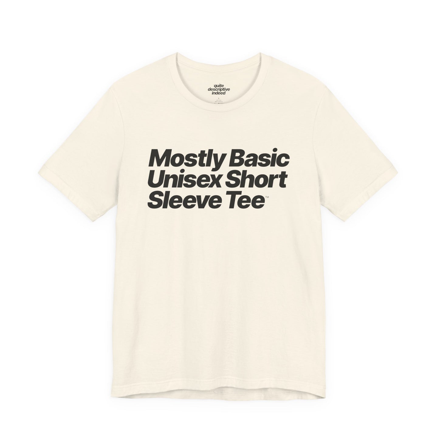 Quite Descriptive, Mostly Basic Unisex Short Sleeve Tee. Bold Italic Text Graphic Shirt.