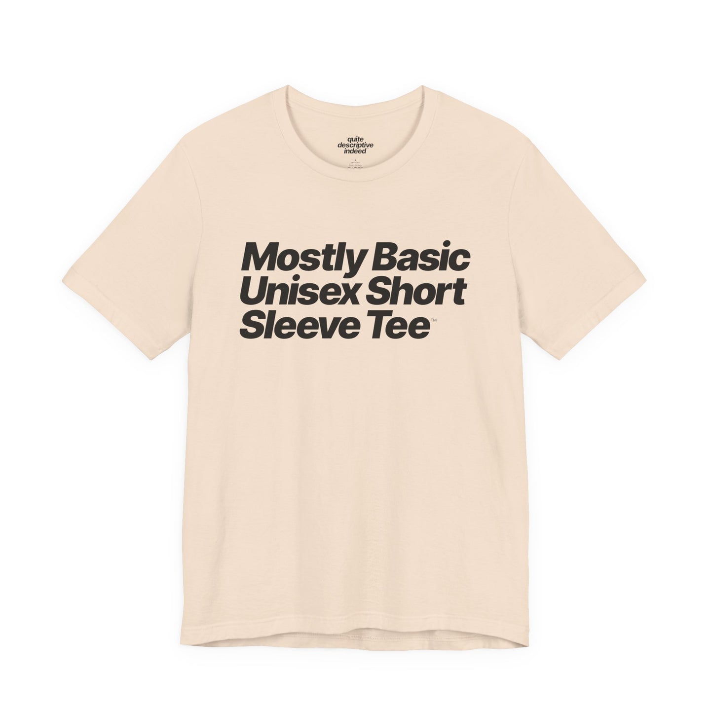 Quite Descriptive, Mostly Basic Unisex Short Sleeve Tee. Bold Italic Text Graphic Shirt.