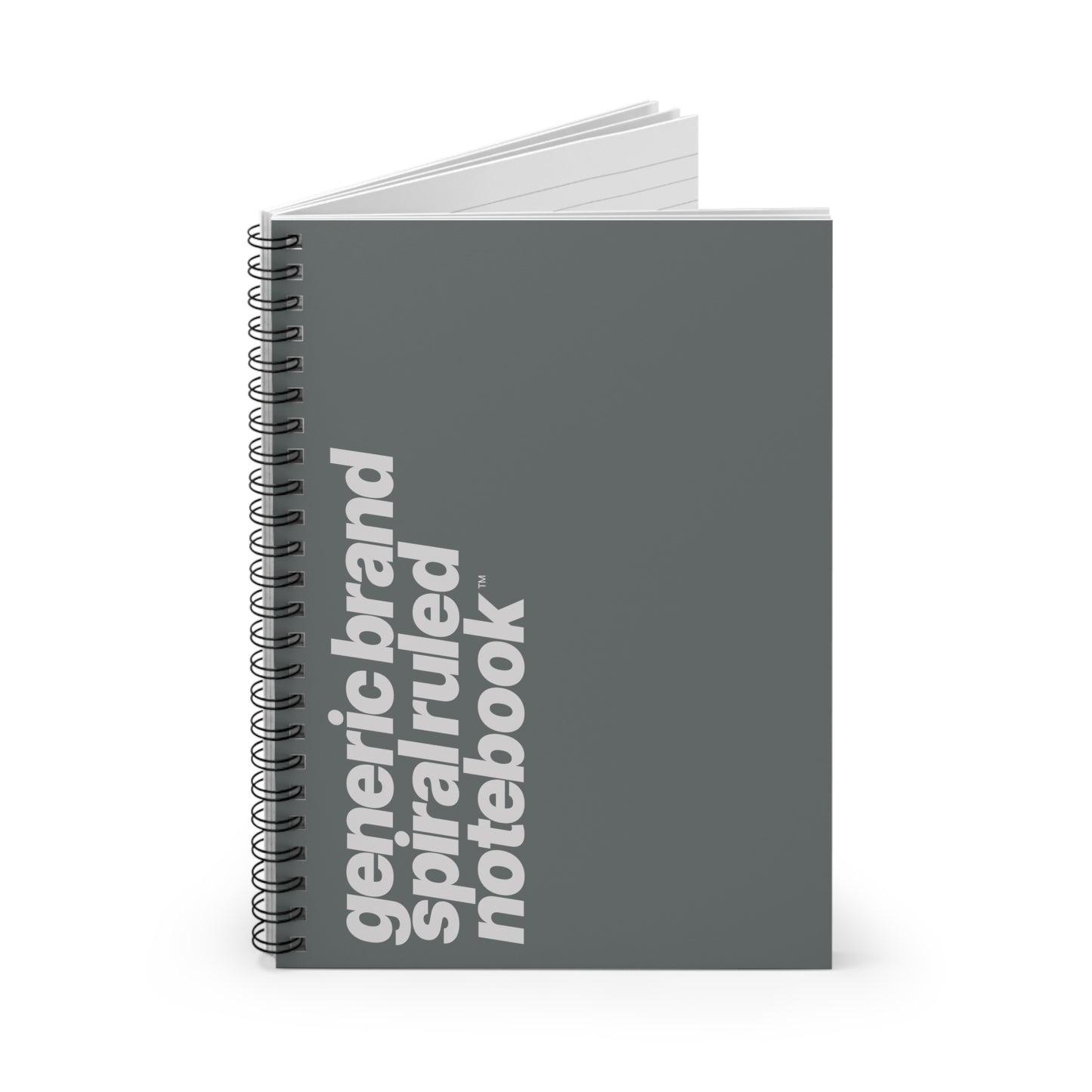 Quite Descriptive "Generic Brand Spiral Ruled Notebook" Bold Italic Gray Typography on Gray Cover Journal
