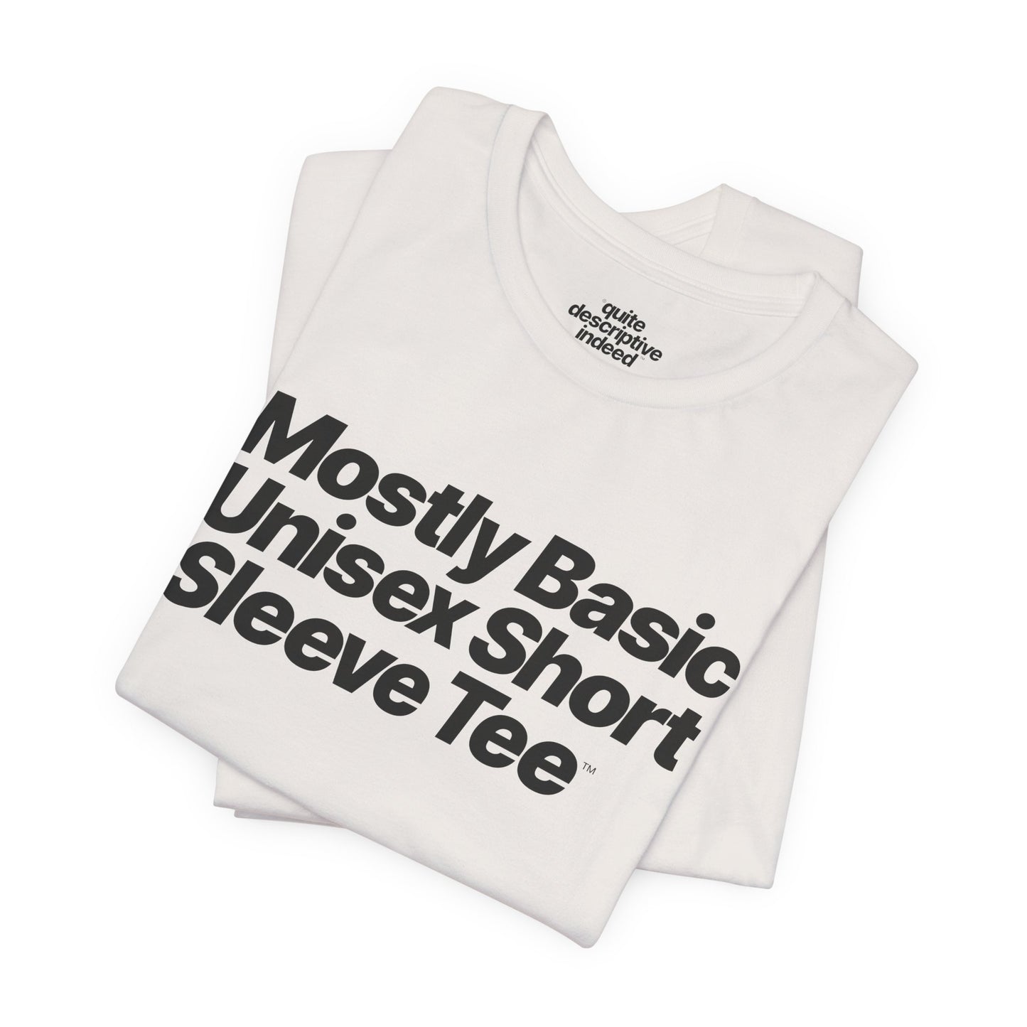 Quite Descriptive, Mostly Basic Unisex Short Sleeve Tee. Bold Italic Text Graphic Shirt.