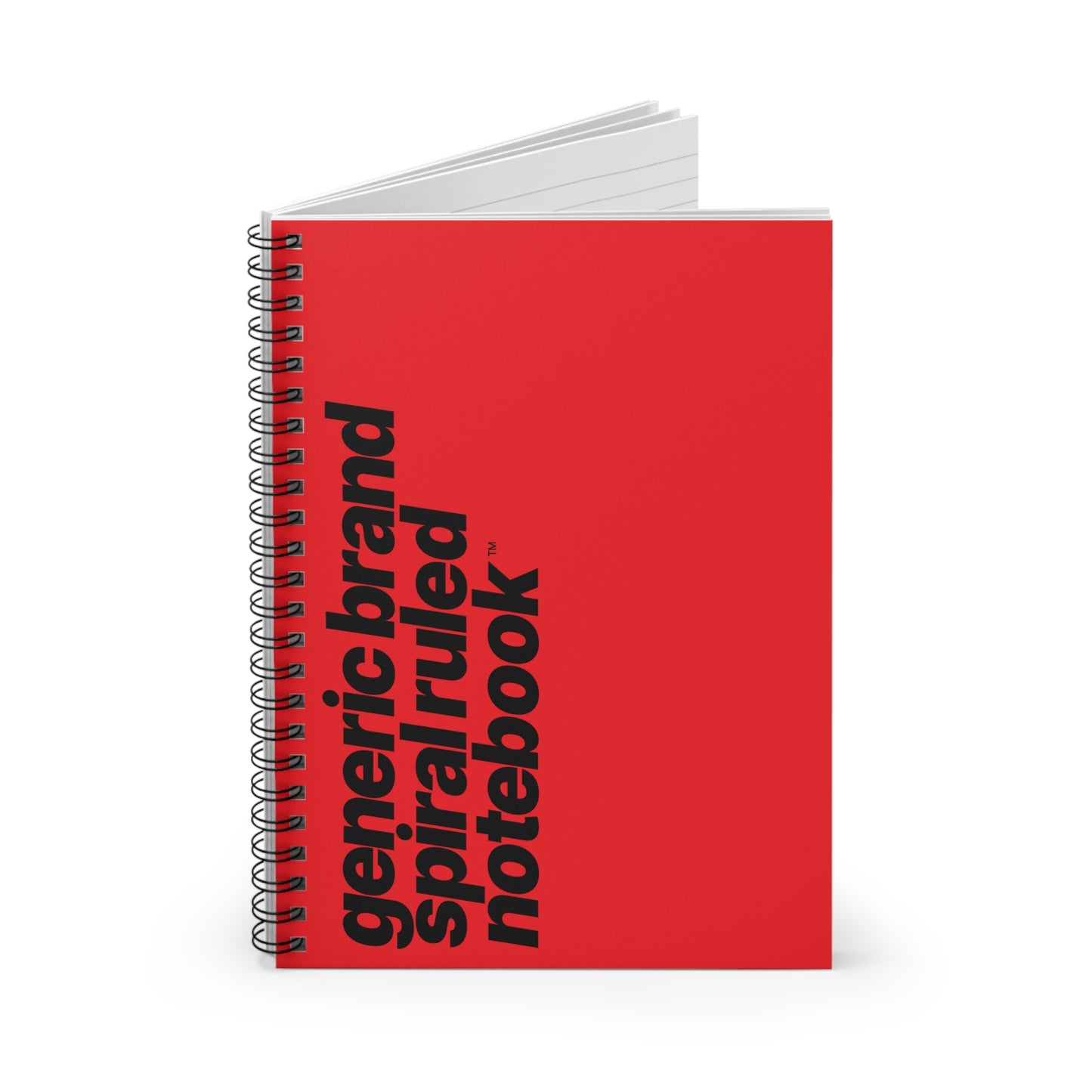 Quite Descriptive "Generic Brand Spiral Ruled Notebook" Bold Italic Black Typography on Red Cover Journal