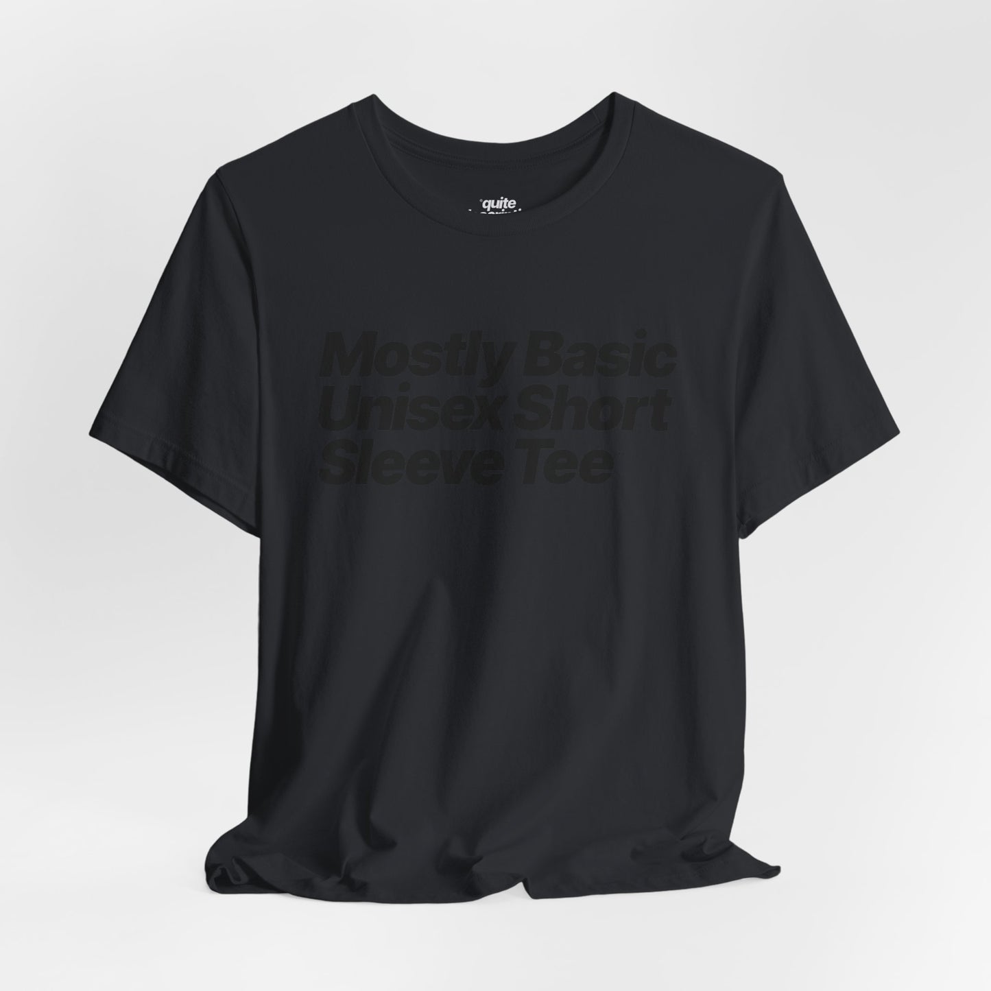 Quite Descriptive, Mostly Basic Unisex Short Sleeve Tee. Bold Italic Text Graphic Shirt.