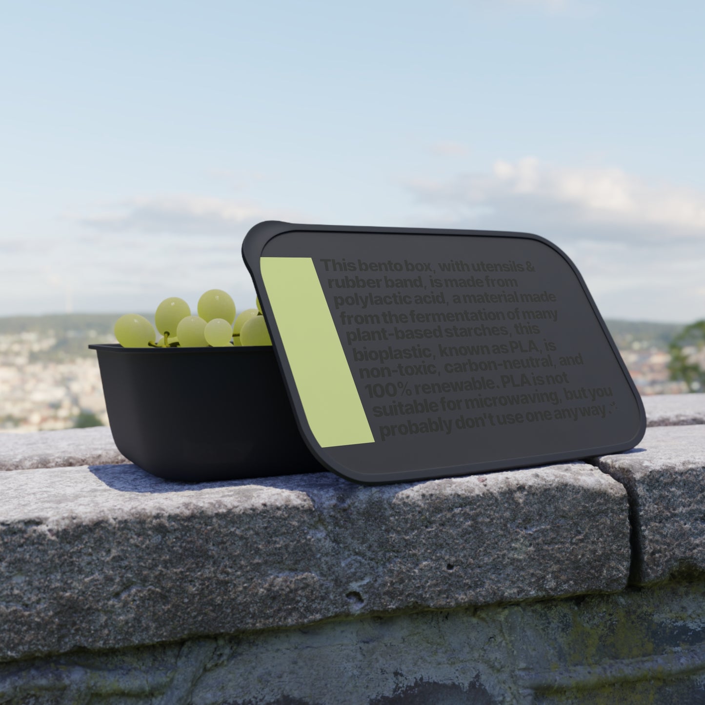 Perspicuously Descriptive PLA Bento Box with Utensils & Silicone Band. Eco-Friendly Lunch Container.