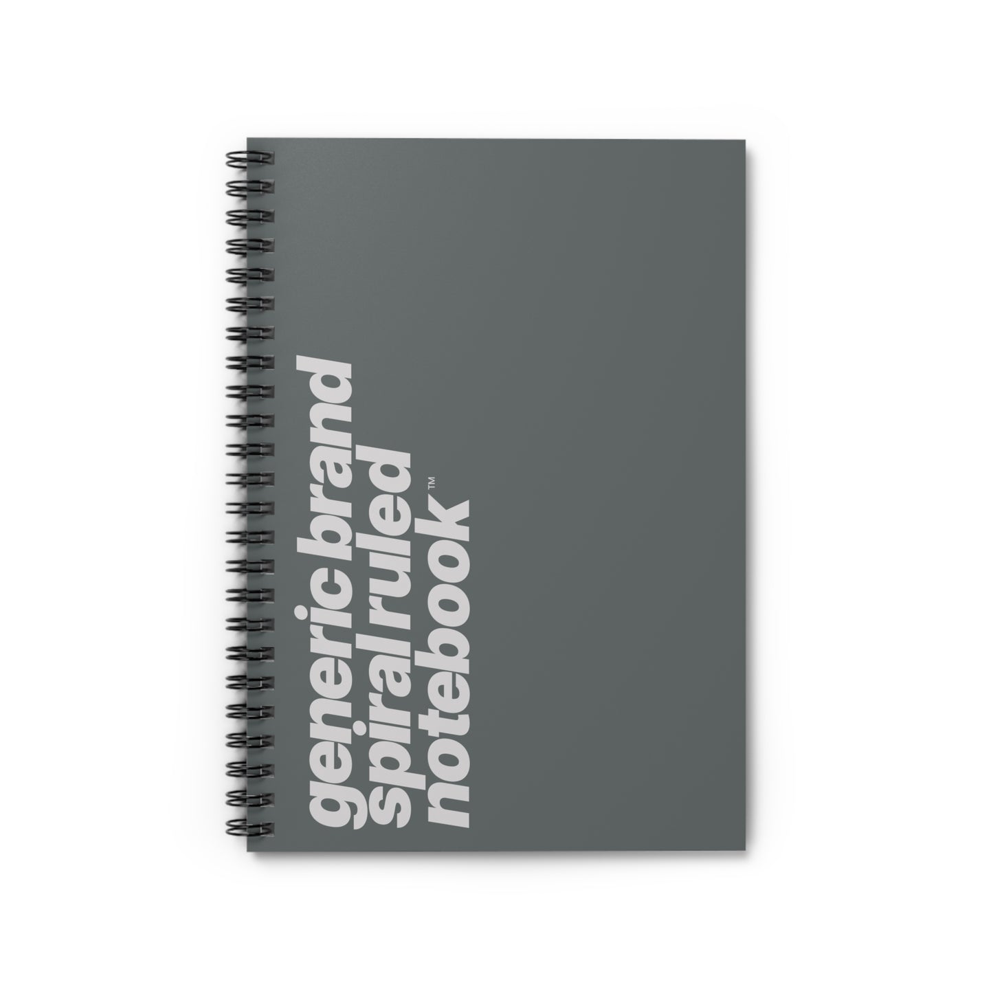 Quite Descriptive "Generic Brand Spiral Ruled Notebook" Bold Italic Gray Typography on Gray Cover Journal
