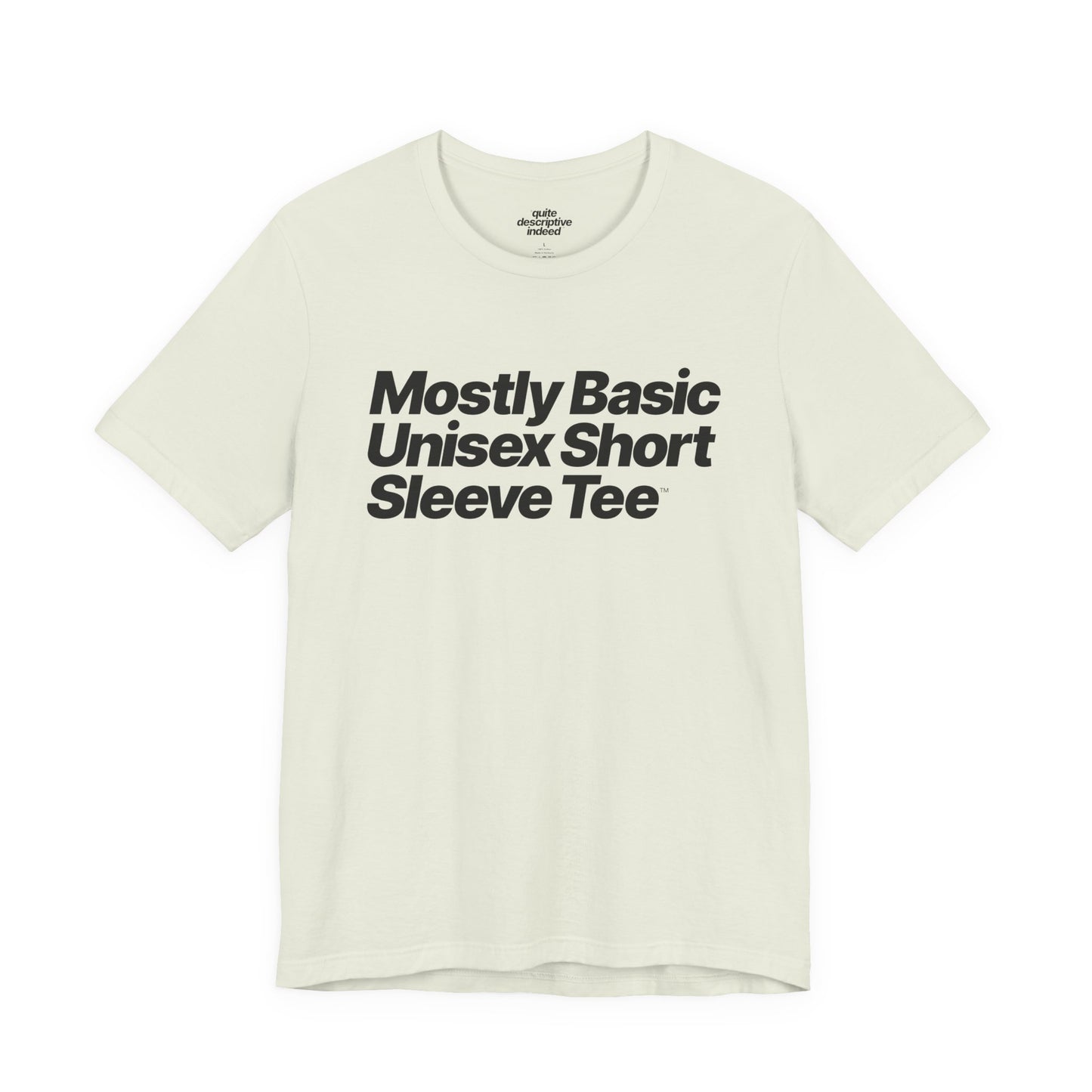 Quite Descriptive, Mostly Basic Unisex Short Sleeve Tee. Bold Italic Text Graphic Shirt.